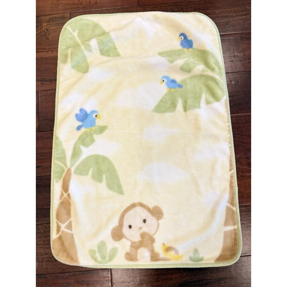 Vtg Carter's MONKEY Blue Birds Palm Trees Jungle Yellow Fleece Baby Blanket Luxe